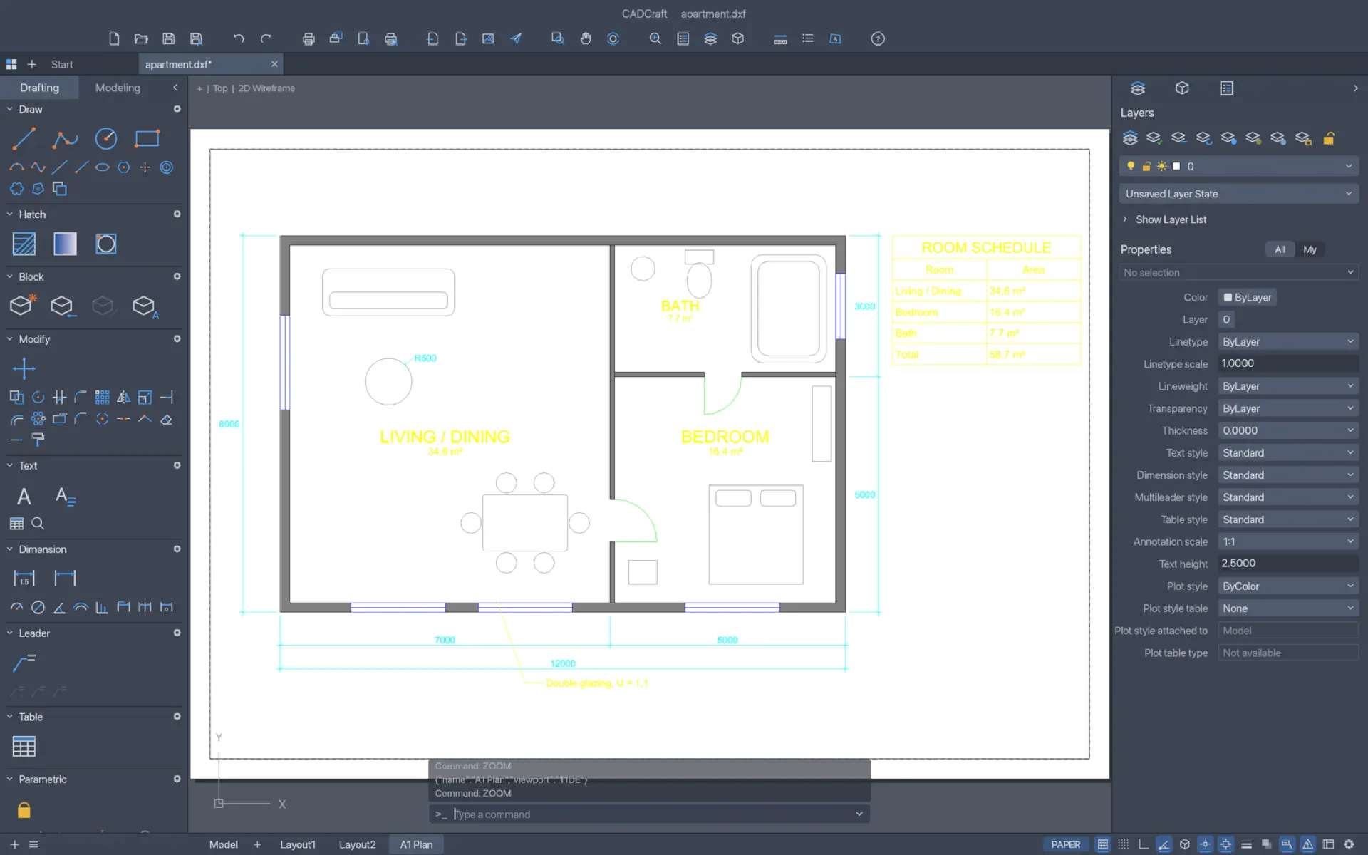 CADCraft, a free online CAD program, showing a paper-space layout with a viewport over an apartment plan drawing