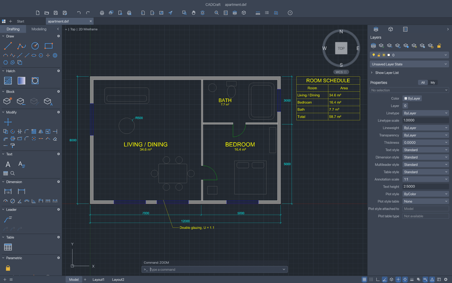 An apartment plan drafted in CADCraft with walls, hatches and dimensions