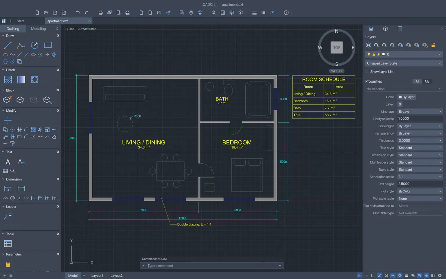 An apartment plan drafted in CADCraft with walls, hatches and dimensions